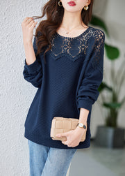 Chic Navy Embroidered Hollow Out Cotton Tops Spring