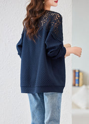Chic Navy Embroidered Hollow Out Cotton Tops Spring