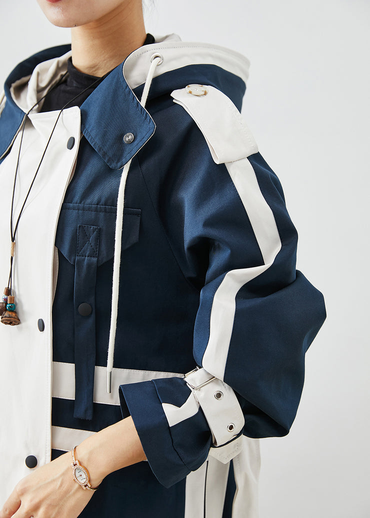 Chic Navy Oversized Patchwork Original Design Cotton Trench Coats Fall