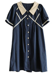 Chic Navy Peter Pan Collar Button Summer Cotton Dress Short Sleeve - SooLinen