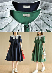 Chic Navy Peter Pan Collar Patchwork Summer Cotton Dresses Short Sleeve - SooLinen