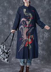 Chic Navy Phoenix Embroidered Chinese Button Denim Trench Fall
