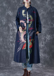 Chic Navy Phoenix Embroidered Chinese Button Denim Trench Fall