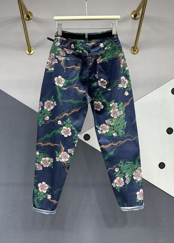 Chic Navy Pockets Floral Patchwork Denim Pants Fall