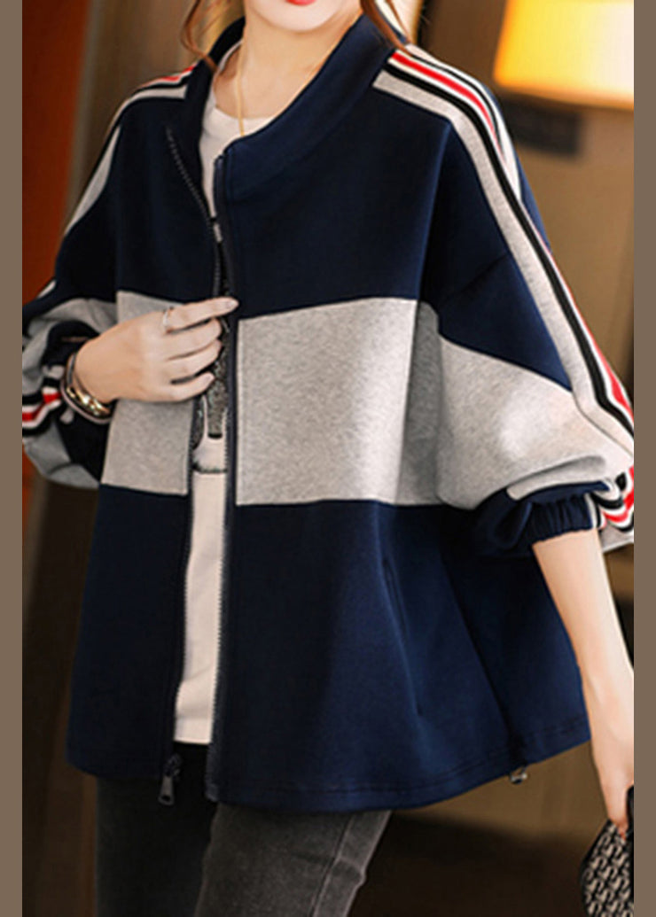 Chic Navy Stand Collar Zippered Patchwork Coat Fall
