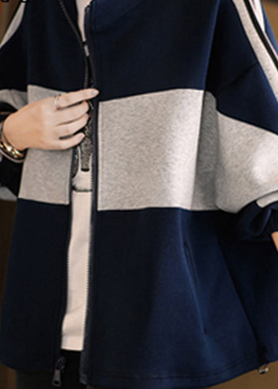 Chic Navy Stand Collar Zippered Patchwork Coat Fall