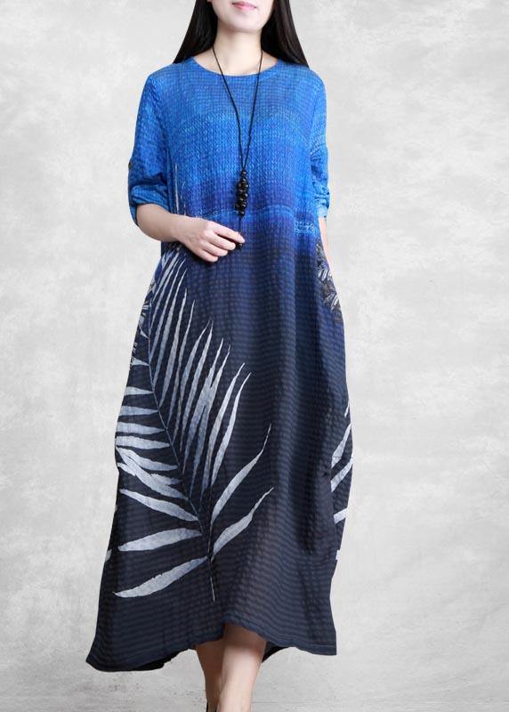 Chic O Neck Asymmetric Spring Tunics Blue Black Print Plus Size Dresses - SooLinen
