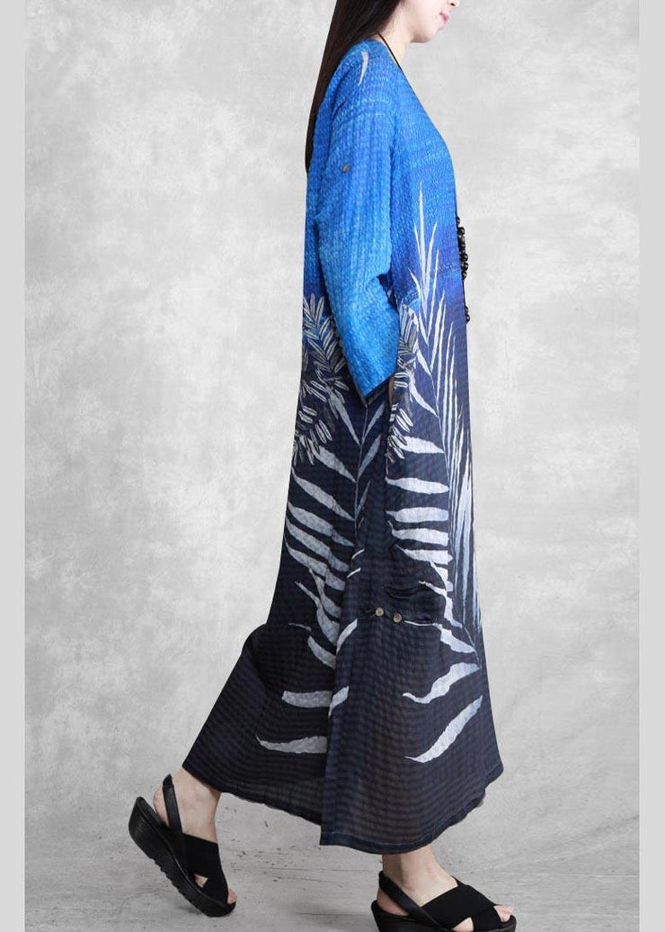 Chic O Neck Asymmetric Spring Tunics Blue Black Print Plus Size Dresses - SooLinen