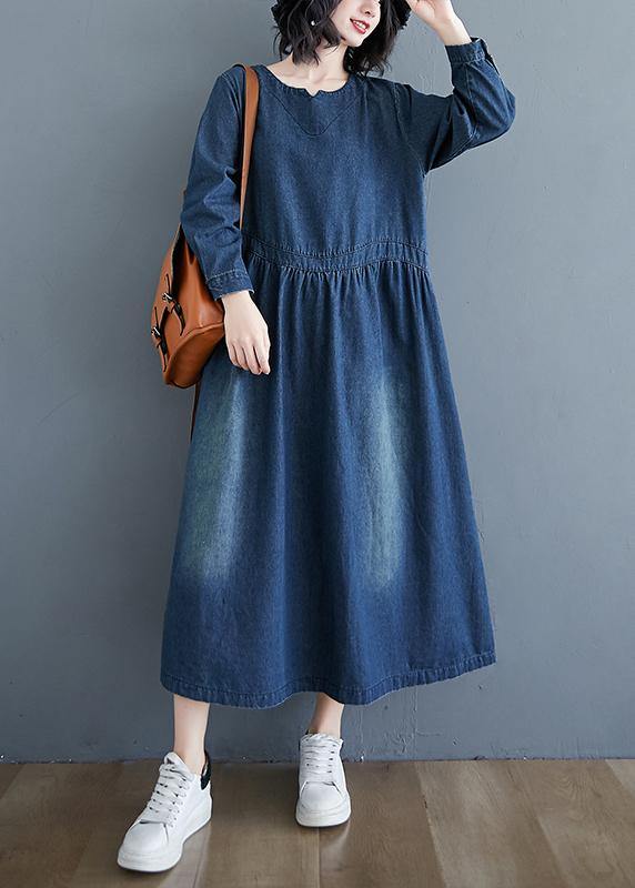 Chic O Neck Cinched Spring Tunic Wardrobes Denim Blue Art Dresses - SooLinen