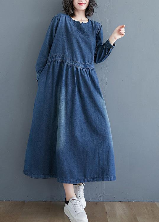Chic O Neck Cinched Spring Tunic Wardrobes Denim Blue Art Dresses - SooLinen