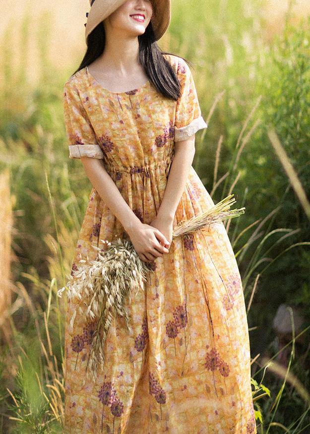 Chic O-Neck Summer Clothes Pattern Yellow Print Dress - SooLinen