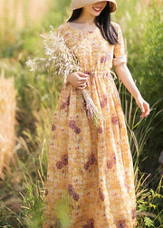 Chic O-Neck Summer Clothes Pattern Yellow Print Dress - SooLinen