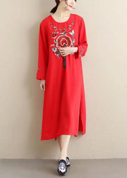 Chic O Neck Tassel Spring Tunics Outfits Red Embroidery A Line Dresses - SooLinen