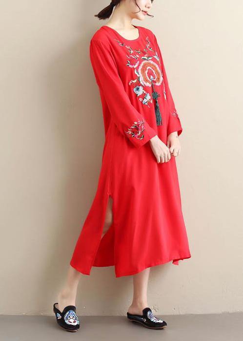 Chic O Neck Tassel Spring Tunics Outfits Red Embroidery A Line Dresses - SooLinen