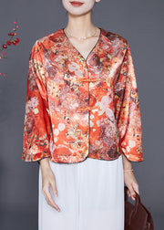 Chic Orange Chinese Button Print Silk Shirts Bracelet Sleeve