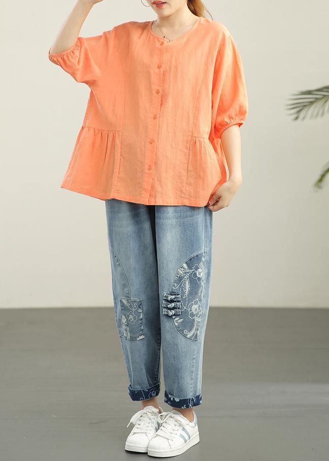 Chic Orange Cinched lantern sleeve Linen Summer Blouses - SooLinen