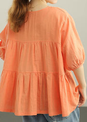 Chic Orange Cinched lantern sleeve Linen Summer Blouses - SooLinen