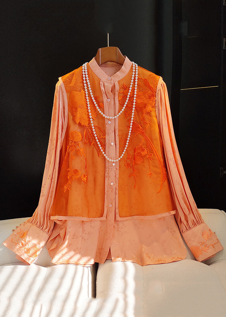 Chic Orange Embroidered Patchwork False Two Pieces Silk Cotton Blouse Fall
