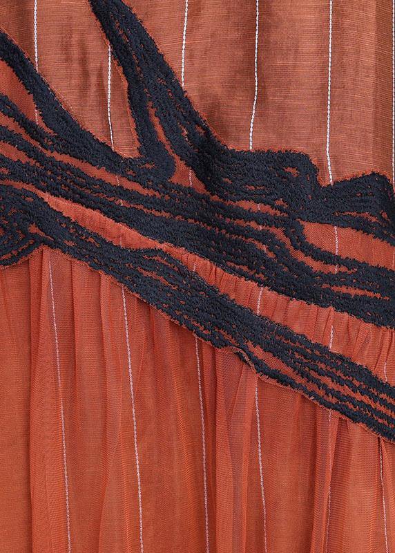 Chic Orange Embroidery Patchwork Summer Silk Dresses Short Sleeve - SooLinen