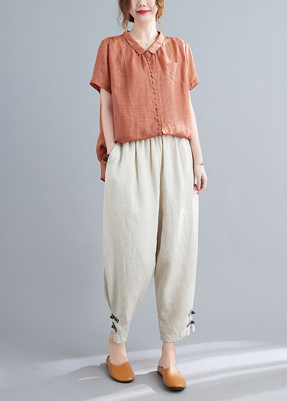 Chic Orange Peter Pan Collar Button Top And Crop Pants Two Pieces Set Summer