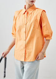 Chic Orange Peter Pan Collar Patchwork Cotton Shirts Half Sleeve
