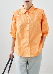 Chic Orange Peter Pan Collar Patchwork Cotton Shirts Half Sleeve