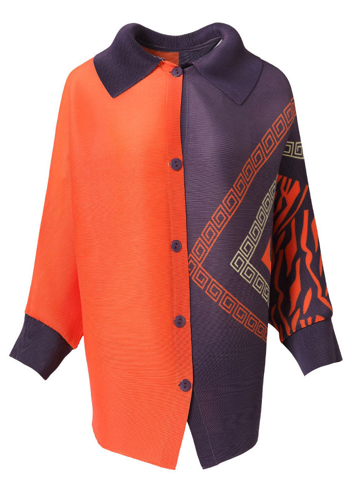 Chic Orange Peter Pan Collar Print Button Shirt Long Sleeve