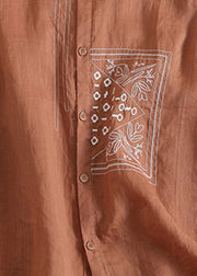 Chic Orange Peter Pan Collar Print Button Solid Linen Shirts Short Sleeve
