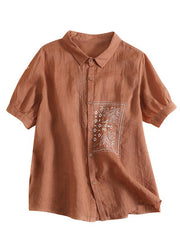 Chic Orange Peter Pan Collar Print Button Solid Linen Shirts Short Sleeve