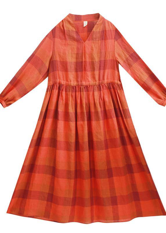 Chic Orange Plaid Clothes O Neck Drawstring Spring Dress - SooLinen