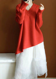 Chic Orange Red V Neck Asymmetrical Knit Pullover Top Winter