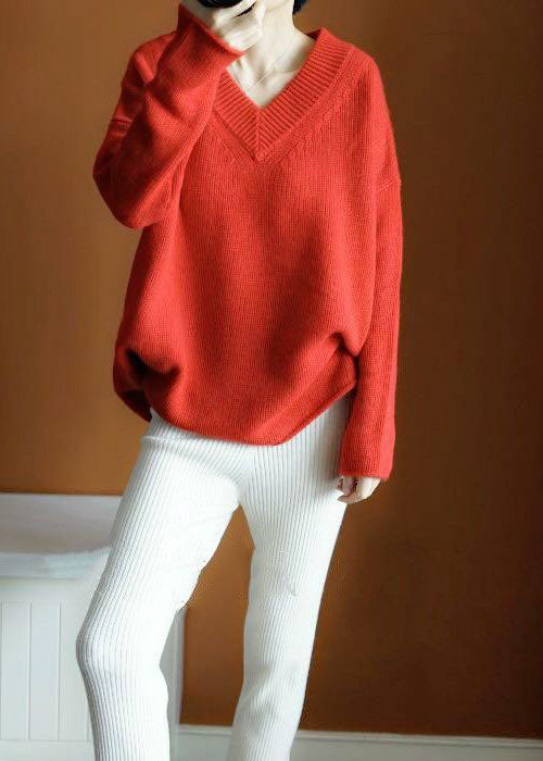 Chic Orange Red V Neck Asymmetrical Knit Pullover Top Winter