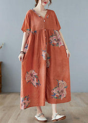 Chic Orange Red V Neck Patchwork Summer Ankle Dress Half Sleeve - SooLinen