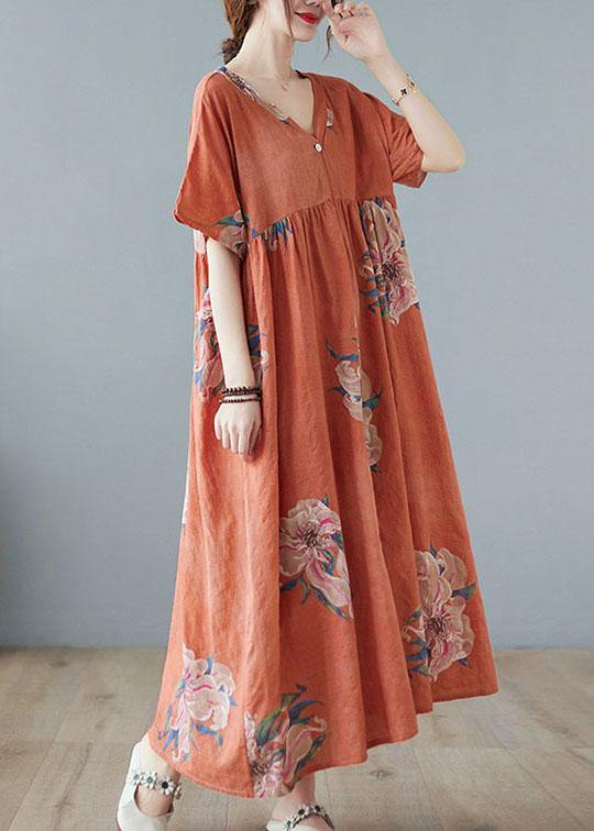 Chic Orange Red V Neck Patchwork Summer Ankle Dress Half Sleeve - SooLinen