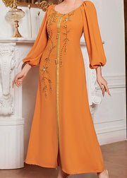 Chic Orange Square Collar Embroidered Lace Patchwork Silk Maxi Vacation Dresses Long Sleeve