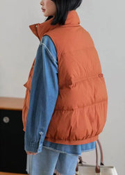Chic Orange Stand Collar Zip Up Pockets Duck Down Vest Winter