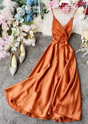 Chic Orange V Neck Patchwork Silk Slip Maxi Dress Summer