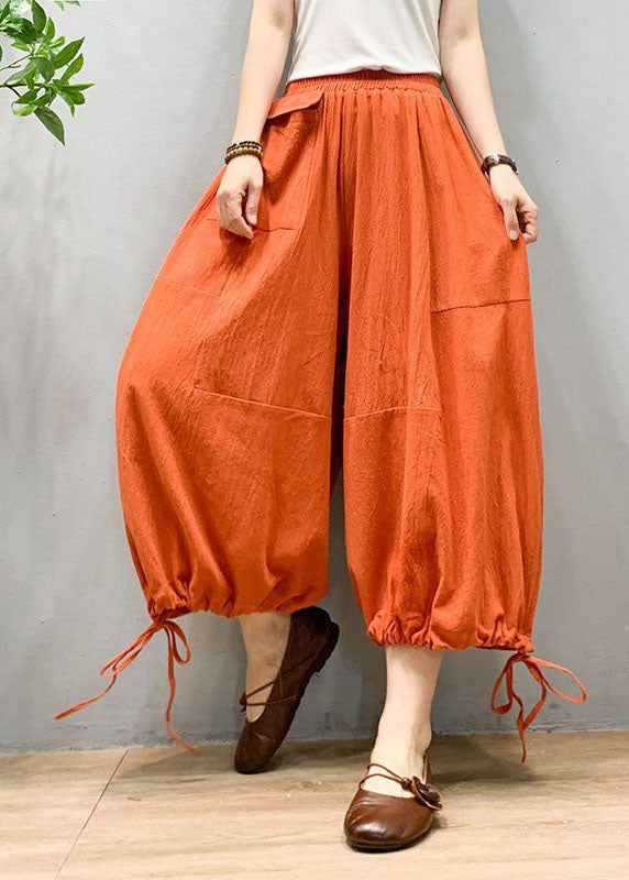Chic Orange Wrinkled Drawstring Patchwork Linen Lantern Pants Summer