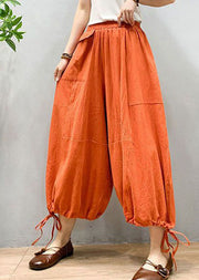 Chic Orange Wrinkled Drawstring Patchwork Linen Lantern Pants Summer