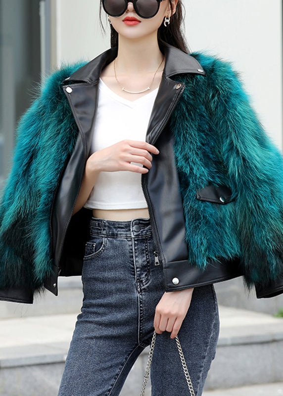 Chic Peacock Blue Pockets Leather And Fur Jacket Long Sleeve