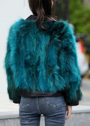 Chic Peacock Blue Pockets Leather And Fur Jacket Long Sleeve