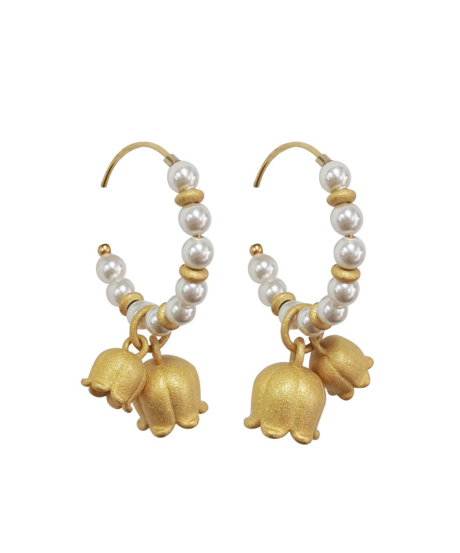 Chic Pearl Patchwork Small Bell 14K Gold Hoop Earrings