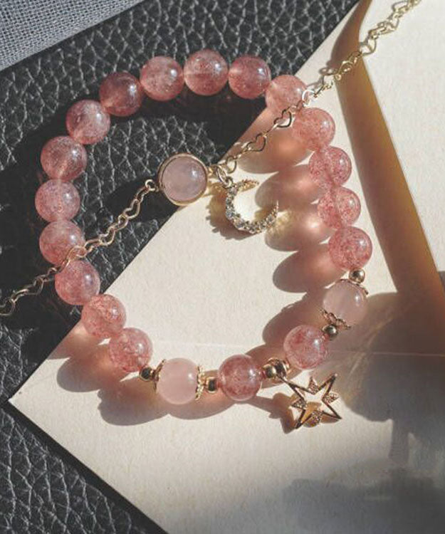 Chic Pink 14K Gold Strawberry Crystal Zircon Star Moon Bracelet