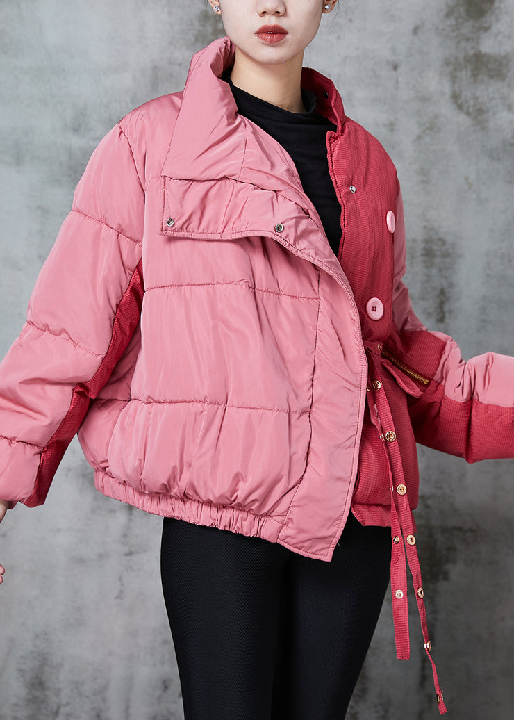Chic Pink Asymmetrical Patchwork Lace Up Fine Cotton Filled Parka Jacket Winter