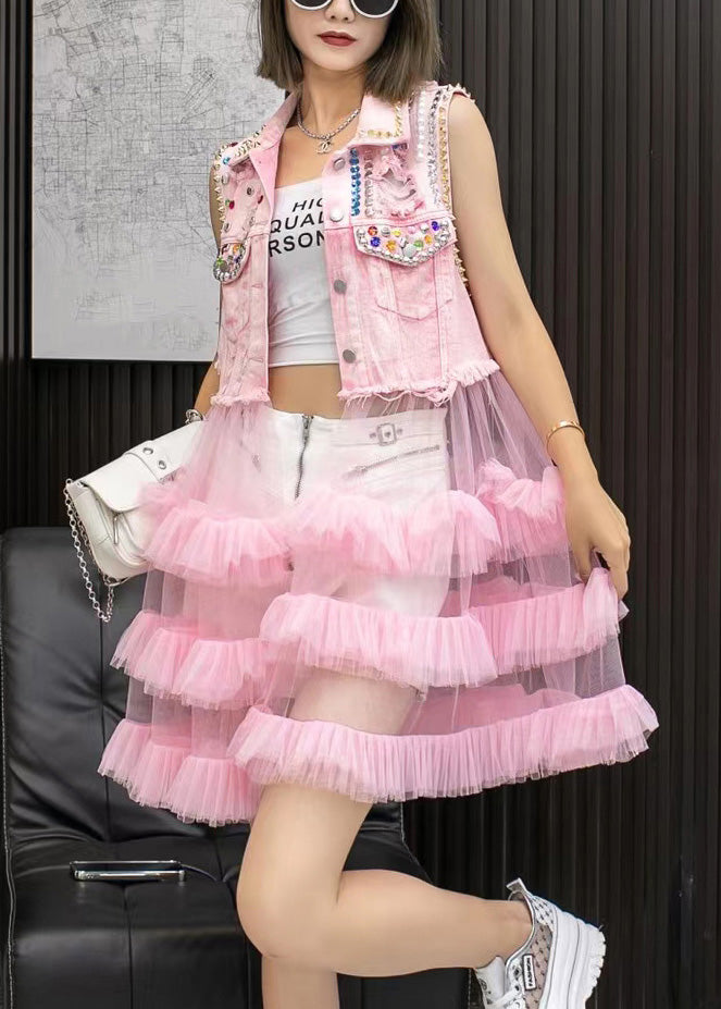 Chic Pink Denim Waistcoat Patchwork Tulle Mid Dresses Sleeveless