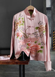 Chic Pink Embroidered Chinese Button Patchwork Silk Coat Spring