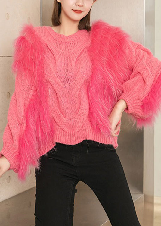 Chic Pink Fluffy Thick Hollow Out Patchwork Knit Sweaters Fall