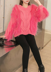Chic Pink Fluffy Thick Hollow Out Patchwork Knit Sweaters Fall
