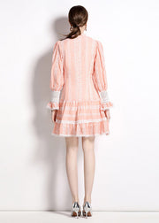 Chic Pink Hollow Out Embroidered Patchwork Chiffon Mid Dress Puff Sleeve