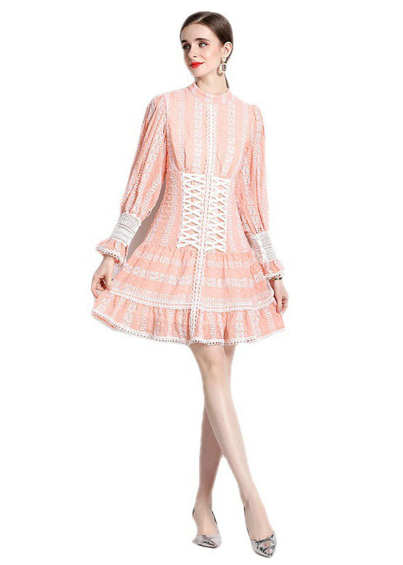 Chic Pink Hollow Out Embroidered Patchwork Chiffon Mid Dress Puff Sleeve